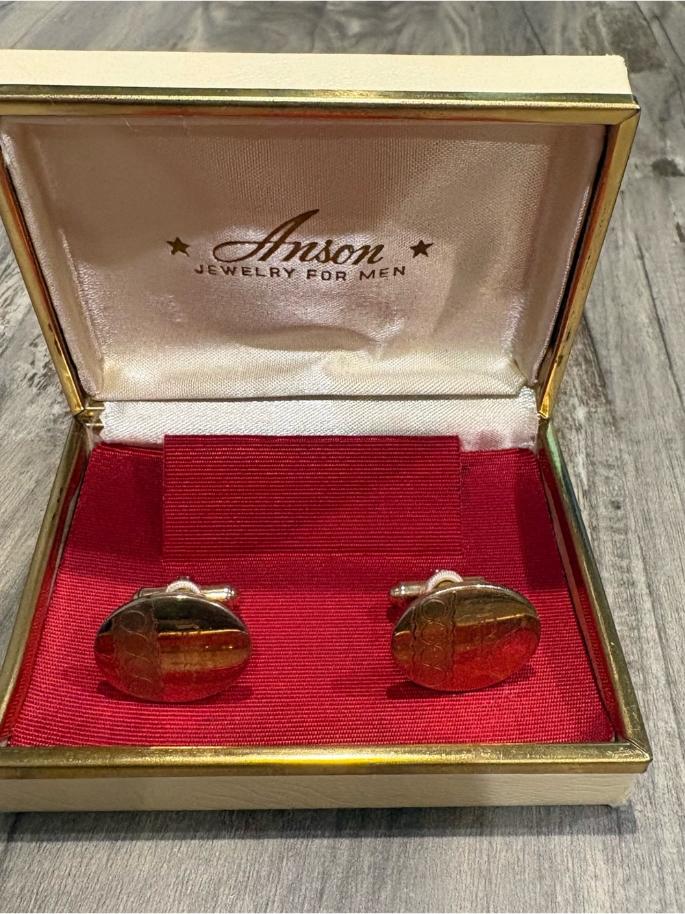 Anson vintage gold-tone oval cufflinks ft. textured wave and pillar R Engraving